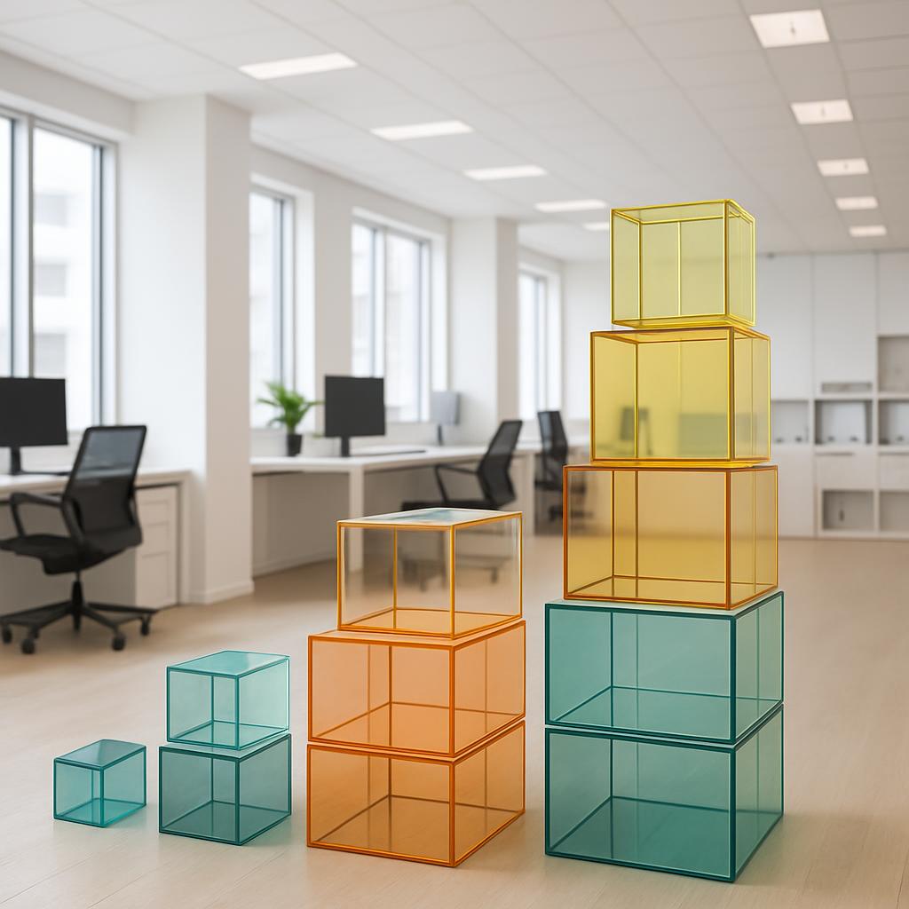 Stacked stacked sets of transparent cases in a commercial office with white walls, desks, chairs, and computer display at ...
