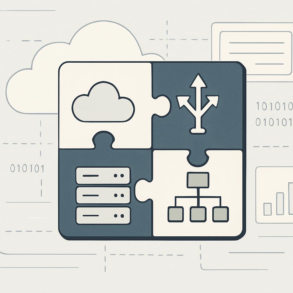 A blue and white software puzzle hovering in front of an abstract background, with various symbols.